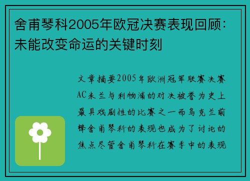 舍甫琴科2005年欧冠决赛表现回顾：未能改变命运的关键时刻