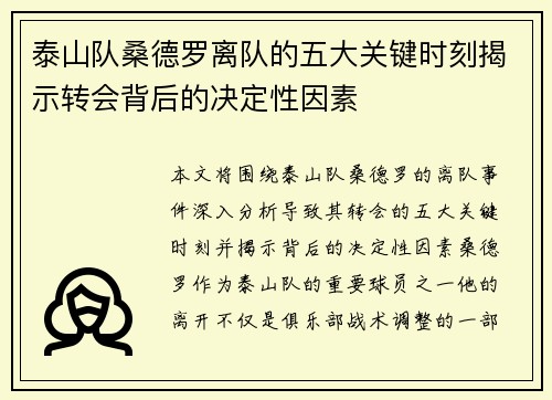 泰山队桑德罗离队的五大关键时刻揭示转会背后的决定性因素
